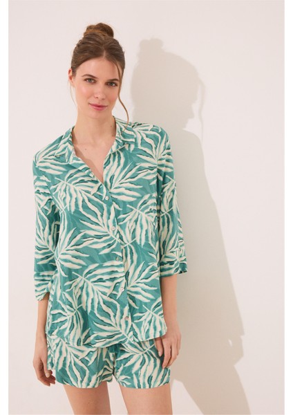 Yaprak Desenli Gömlek Yaka Şortlu Pijama Takımı