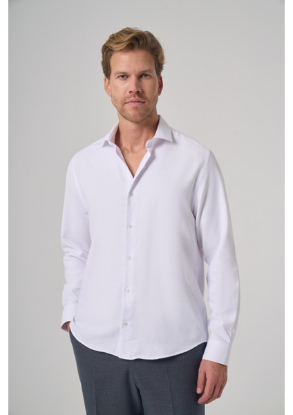 Erkek Beyaz Polyester Trend Desenli Dynamic Fit Italyan Yaka Gömlek