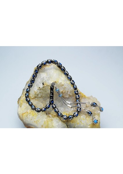 Oltu Taşı Üçlü Çeşmi Mavi Işleme Kapsül Tespih