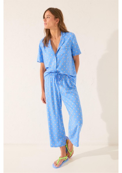 Kadın Mavi Desenli Pijama Takımı