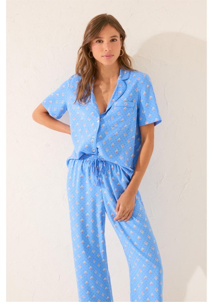 Kadın Mavi Desenli Pijama Takımı modelleri