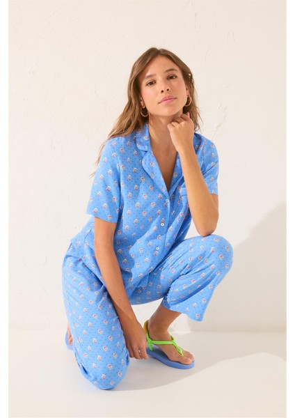 Kadın Mavi Desenli Pijama Takımı