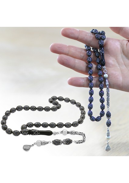 925 Ayar Gümüş Kral Püsküllü Ekose Motifli Gümüş Firuze Işlemeli Arpa Kesim Erzurum Oltu Taşı Tesbih fiyatları