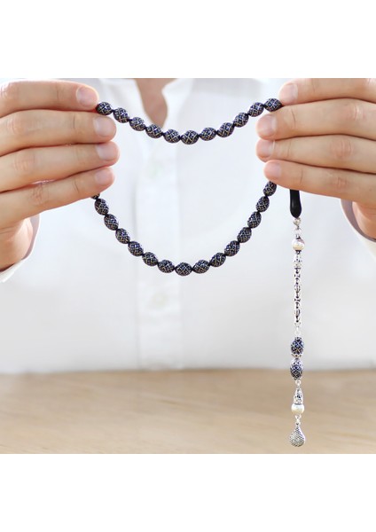 925 Ayar Gümüş Kral Püsküllü Ekose Motifli Gümüş Firuze Işlemeli Arpa Kesim Erzurum Oltu Taşı Tesbih modelleri