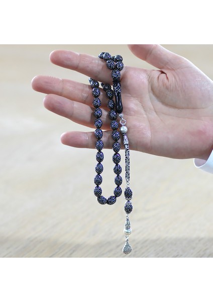 925 Ayar Gümüş Kral Püsküllü Ekose Motifli Gümüş Firuze Işlemeli Arpa Kesim Erzurum Oltu Taşı Tesbih fırsatları