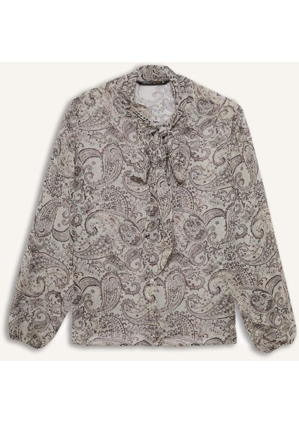 Regular Fit Fiyonk Yaka Şal Desenli Şifon Uzun Kollu Gömlek