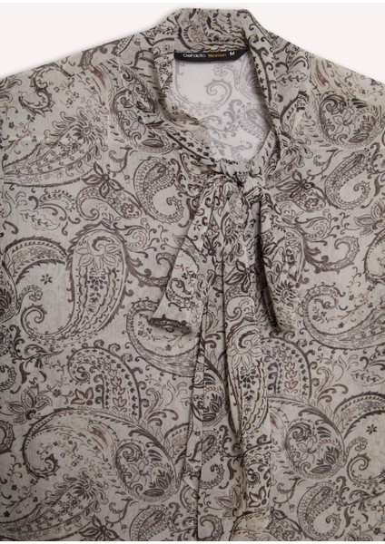 Regular Fit Fiyonk Yaka Şal Desenli Şifon Uzun Kollu Gömlek