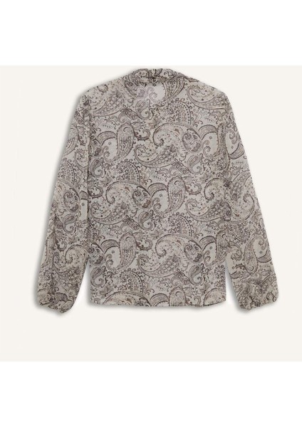 Regular Fit Fiyonk Yaka Şal Desenli Şifon Uzun Kollu Gömlek