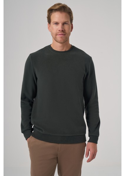 Erkek Haki Trend Bisiklet Yaka Sweatshirt