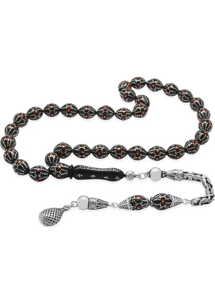 925 Ayar Gümüş Kral Zincir Püsküllü Gümüş Mercan Işlemeli Arpa Kesim Erzurum Oltu Taşı Tesbih