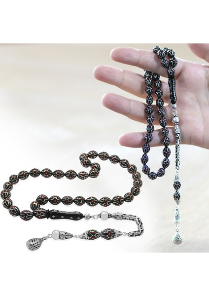 925 Ayar Gümüş Kral Zincir Püsküllü Gümüş Mercan Işlemeli Arpa Kesim Erzurum Oltu Taşı Tesbih fiyatları