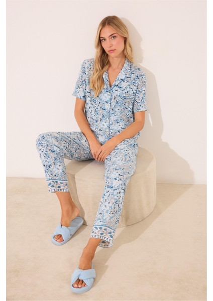 Gömlek Yaka Desenli Capri Pijama Takımı