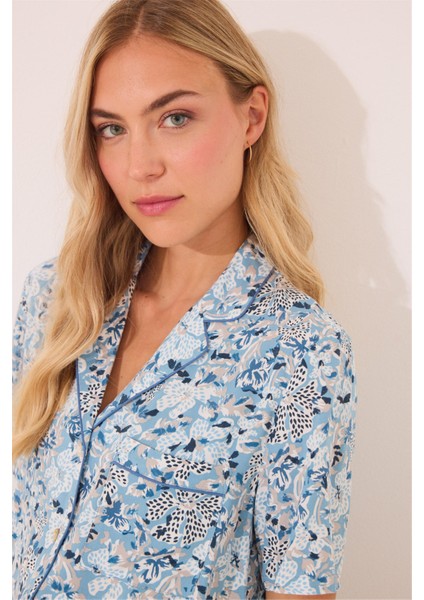 Gömlek Yaka Desenli Capri Pijama Takımı modelleri