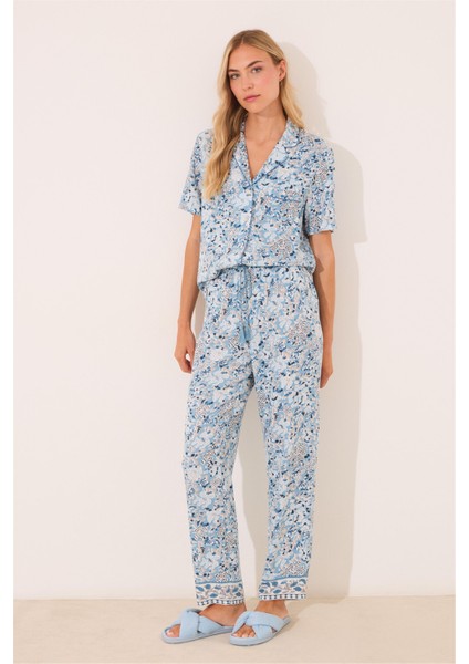 Gömlek Yaka Desenli Capri Pijama Takımı indirimleri