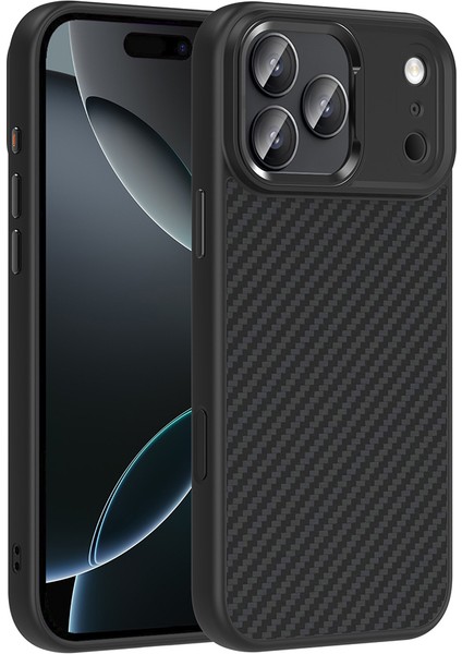Apple iPhone 17 Pro Max Uyumlu M-Safe Özellikli Karbon Fiber Görünümlü Truva Kapak Siyah