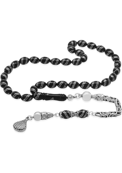 925 Ayar Gümüş Kral Püsküllü Çift Sıra Gümüş Spiral Işlemeli Arpa Kesim Erzurum Oltu Taşı Tesbih