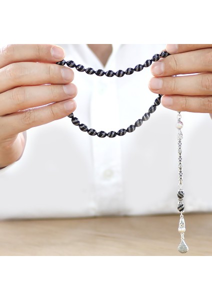 925 Ayar Gümüş Kral Püsküllü Çift Sıra Gümüş Spiral Işlemeli Arpa Kesim Erzurum Oltu Taşı Tesbih modelleri