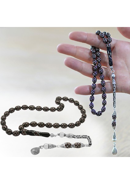 925 Ayar Gümüş Kral Püsküllü Ekose Motifli Gümüş Mercan Işlemeli Arpa Kesim Erzurum Oltu Taşı Tesbih fiyatları