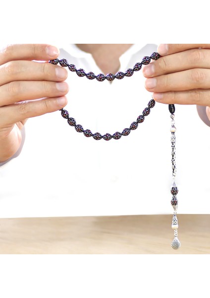 925 Ayar Gümüş Kral Zincir Püsküllü Gümüş Mercan Işlemeli Arpa Kesim Erzurum Oltu Taşı Tesbih modelleri