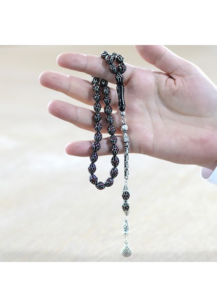 925 Ayar Gümüş Kral Zincir Püsküllü Gümüş Mercan Işlemeli Arpa Kesim Erzurum Oltu Taşı Tesbih fırsatları