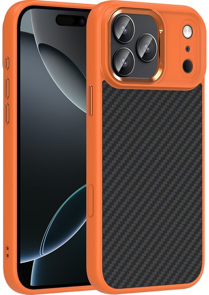 Apple iPhone 17 Pro Uyumlu M-Safe Özellikli Karbon Fiber Görünümlü Truva Kapak Turuncu