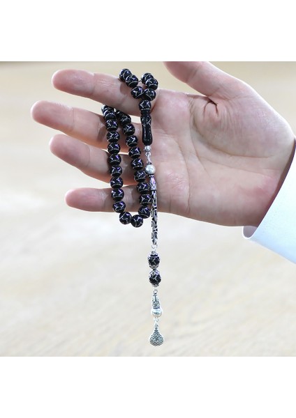 925 Ayar Gümüş Kral Zincir Püsküllü Gümüş Zigzag Işlemeli Küre Kesim Erzurum Oltu Taşı Tesbih fırsatları