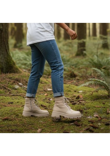 Hakiki Deri Paraşüt Detaylı Bağcıklı Kadın Içten Fermuarlı Bot