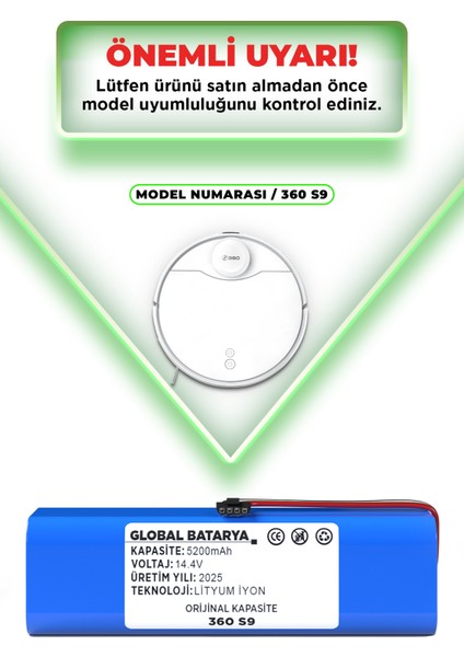360 S9 Uyumlu Akıllı Robot Süpürge Bataryası 14.4V 5200MAH Li-Ion Pil (Orijinal Kapasite) indirimleri