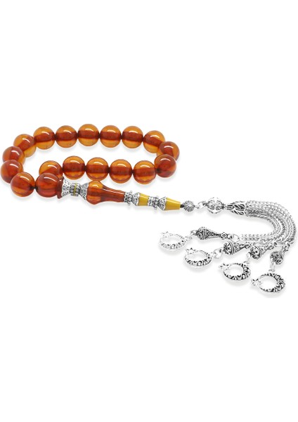 Kararmaz Metal Püsküllü Alpaka Nakkaş Imameli Kırmızı Sıkma Kehribar Efe Tesbih Küre Kesim