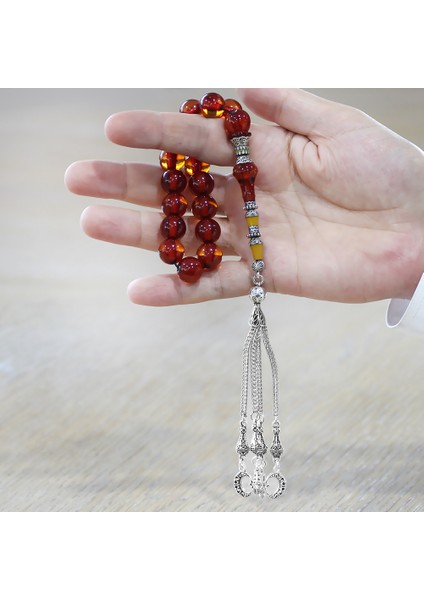 Kararmaz Metal Püsküllü Alpaka Nakkaş Imameli Kırmızı Sıkma Kehribar Efe Tesbih Küre Kesim modelleri