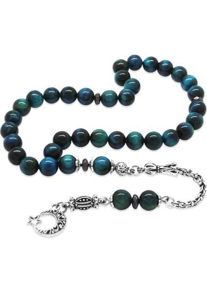 Kararmaz Metal Arnavut Zincir Püsküllü Küre Kesim Turkuaz Kaplan Gözü Doğaltaş Tesbih