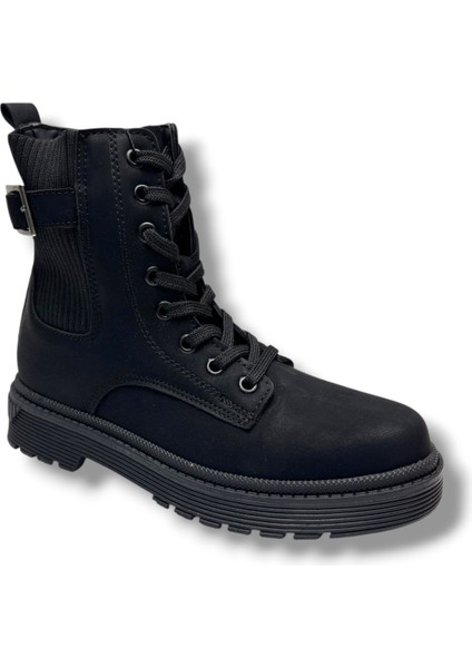 24030-26 Nubuk Deri Lastikli Fermuarlı Kadın Bot Siyah