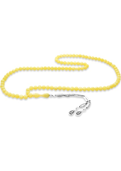 Su Damlası Tasarım Kararmaz Metal Püsküllü Küre Kesim 99 Taneli Beyrut Kehribar Namaz Tesbihi