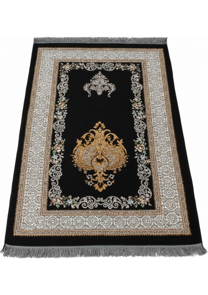 Kişiye Özel Nakış Işlemeli Çiçek Desenli Kendinden Saçaklı Siyah Renk Hediyelik Seccade