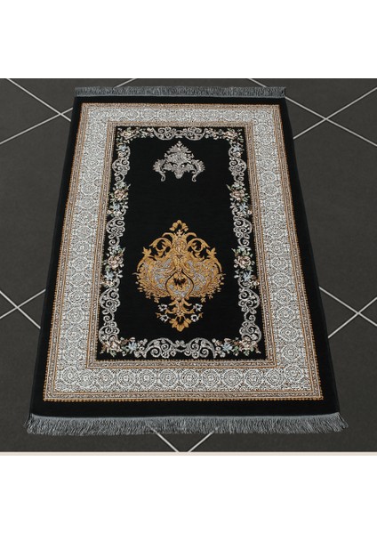 Kişiye Özel Nakış Işlemeli Çiçek Desenli Kendinden Saçaklı Siyah Renk Hediyelik Seccade indirimleri