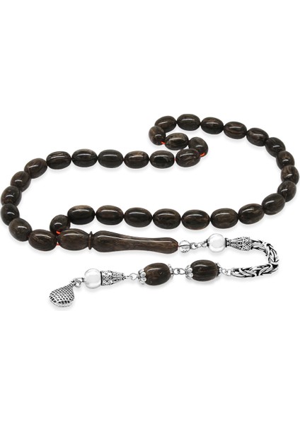 925 Ayar Gümüş Kral Zincir Püsküllü Sülün Imame Beyzi Kesim Gri - Siyah Katalin Tesbih