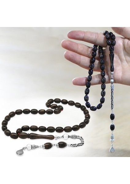 925 Ayar Gümüş Kral Zincir Püsküllü Sülün Imame Beyzi Kesim Gri - Siyah Katalin Tesbih fiyatları