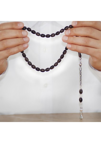 925 Ayar Gümüş Kral Zincir Püsküllü Sülün Imame Beyzi Kesim Gri - Siyah Katalin Tesbih modelleri