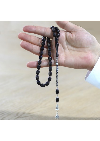 925 Ayar Gümüş Kral Zincir Püsküllü Sülün Imame Beyzi Kesim Gri - Siyah Katalin Tesbih fırsatları