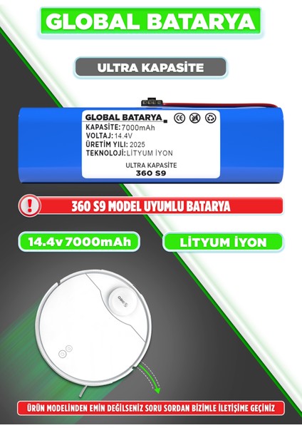 360 S9 Uyumlu Akıllı Robot Süpürge Bataryası 14.4V 7000MAH Li-Ion Pil (Ultra Kapasite)