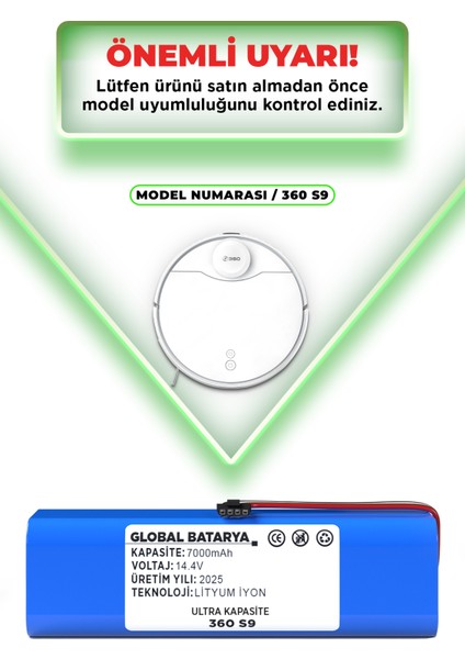 360 S9 Uyumlu Akıllı Robot Süpürge Bataryası 14.4V 7000MAH Li-Ion Pil (Ultra Kapasite) indirimleri