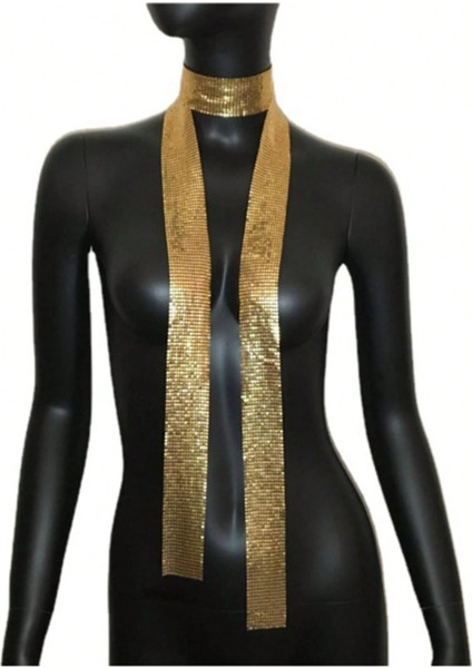 Flar Taşlı Zincir Taşlı Metalik Şık Uzun Choker Yaka Aksesuar – Parti & Gece Kombin Tamamlayıcı