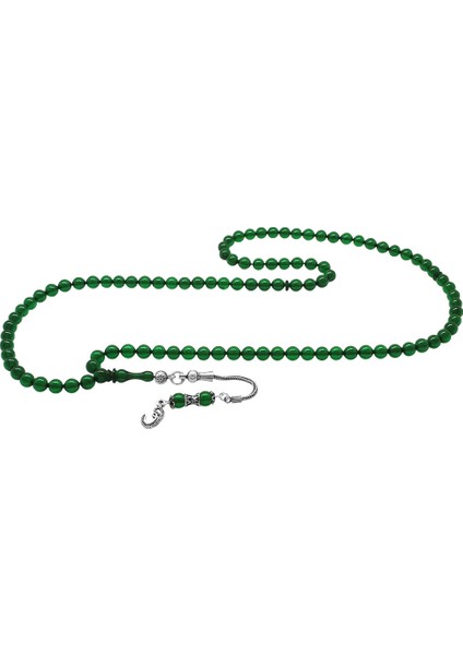 925 Ayar Gümüş Püsküllü Küre Kesim Yeşil Ateş Kehribar 99 Taneli Namaz Tesbihi