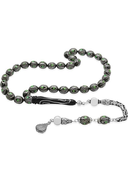 925 Ayar Gümüş Kral Zincir Püsküllü Gümüş Mine Işlemeli Arpa Kesim Erzurum Oltu Taşı Tesbih