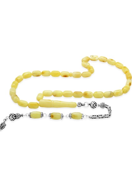 925 Ayar Gümüş Kral Zincir Püsküllü Kapsül Kesim Beyaz Sarı Hareli Patinli Damla Kehribar Tesbih