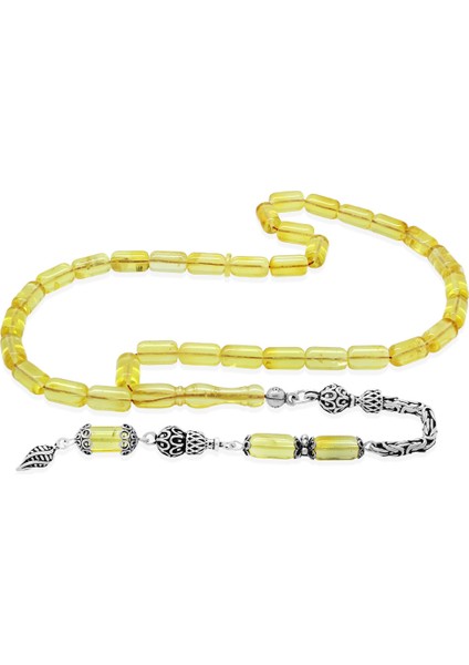 925 Ayar Gümüş Kral Zincir Püsküllü Kapsül Kesim Ihlamur Sarı Doğal Damla Kehribar Tesbih