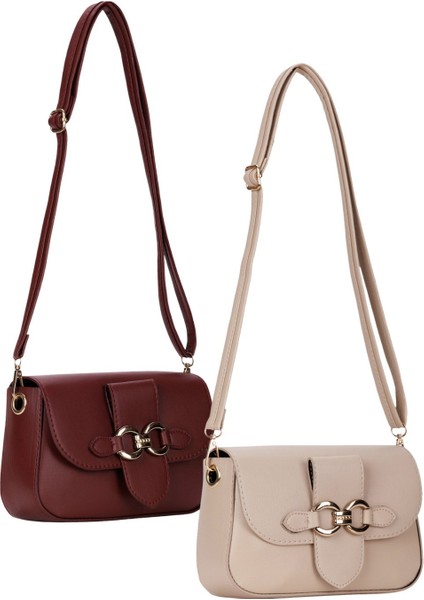2'li Kadın Çanta Paketi Kapaklı Çapraz Askılı Bordo ve Bej Omuz Çantası 2 Adet