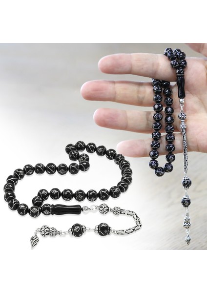 Erzurum Oltu Taşı Tesbih - 925 Ayar Gümüş Kral Püsküllü - Yoğun Gümüş Işlemeli - Küre Kesim fiyatları