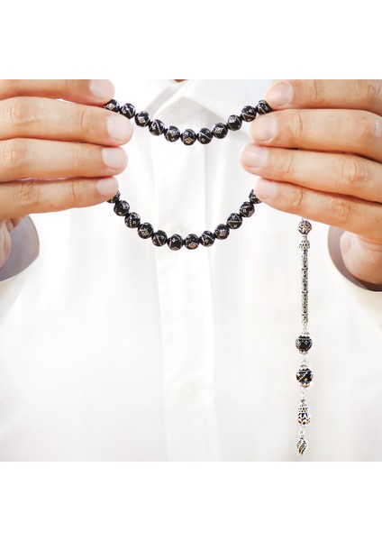 Erzurum Oltu Taşı Tesbih - 925 Ayar Gümüş Kral Püsküllü - Yoğun Gümüş Işlemeli - Küre Kesim fırsatları