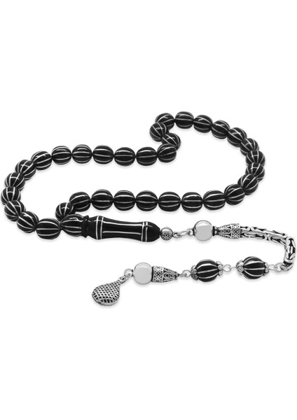 925 Ayar Gümüş Kral Zincir Püsküllü Gümüş 10 Lu Karpuz Yarma Küre Kesim Erzurum Oltu Taşı Tesbih